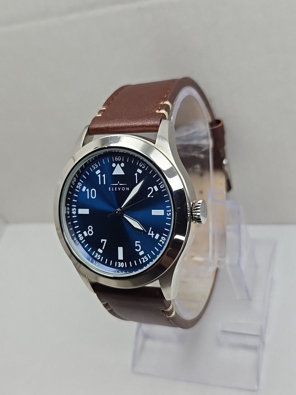 Elevon Hanson Blue Dial Pilot Watch Brown Leather Strap New Battery 42mm - Picture 2 of 12